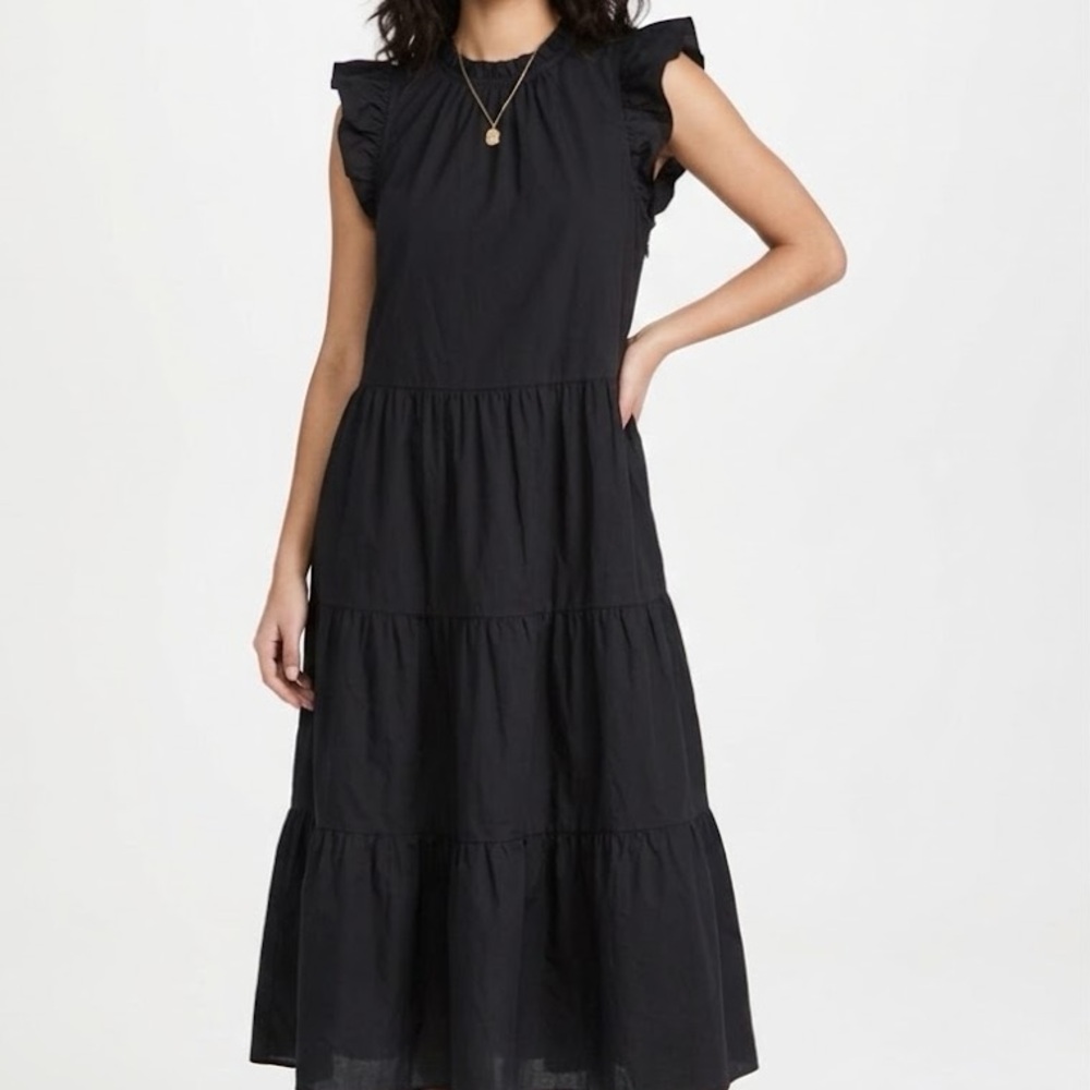 J. Crew Black Tiered Ruffle Sleeve Cotton Poplin Midi Dress XS